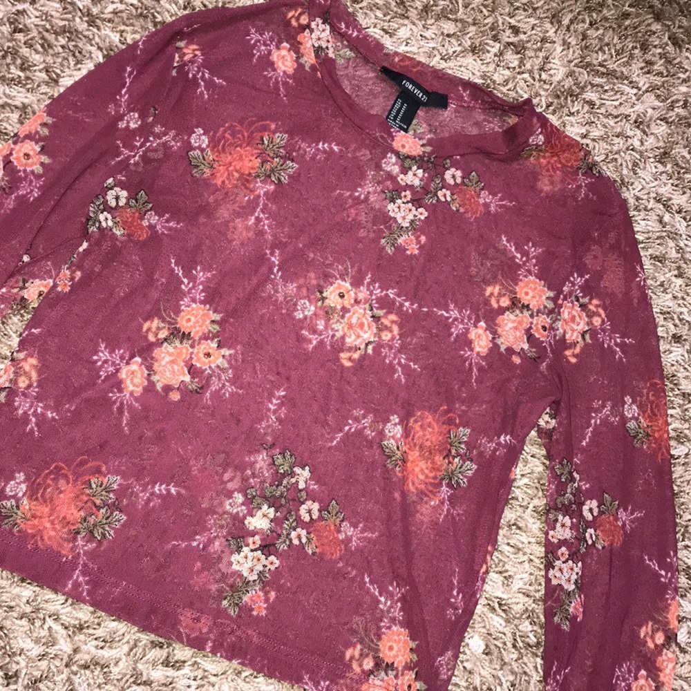 Maroon mesh long sleeve floral top